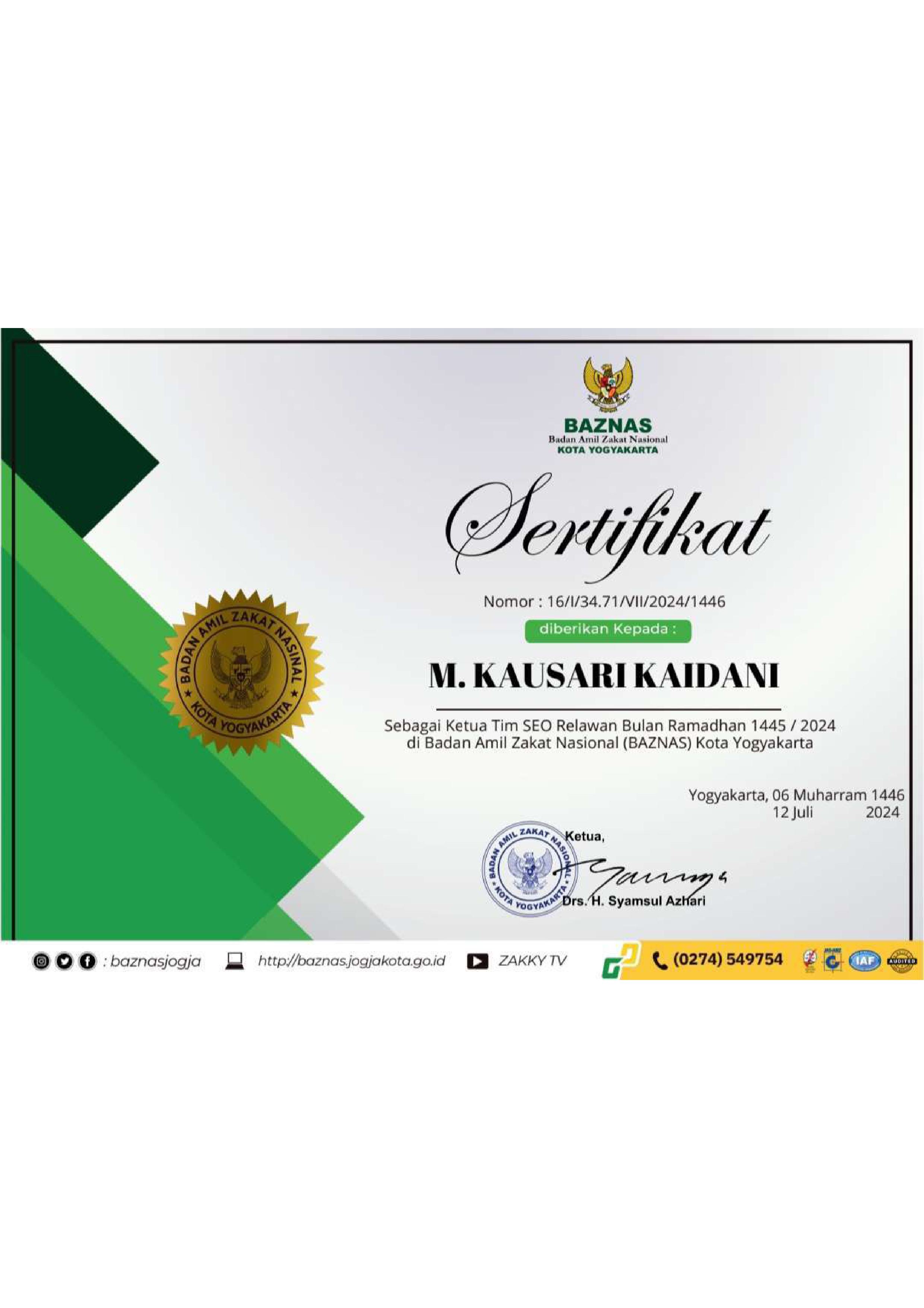 Baznas Kota Yogakarta Certificate of Appreciati